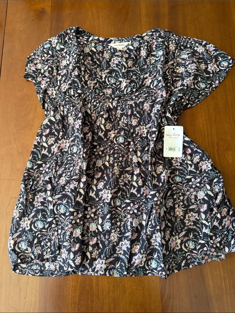 Lucky Brand Black Floral Flutter Sleeve Blouse